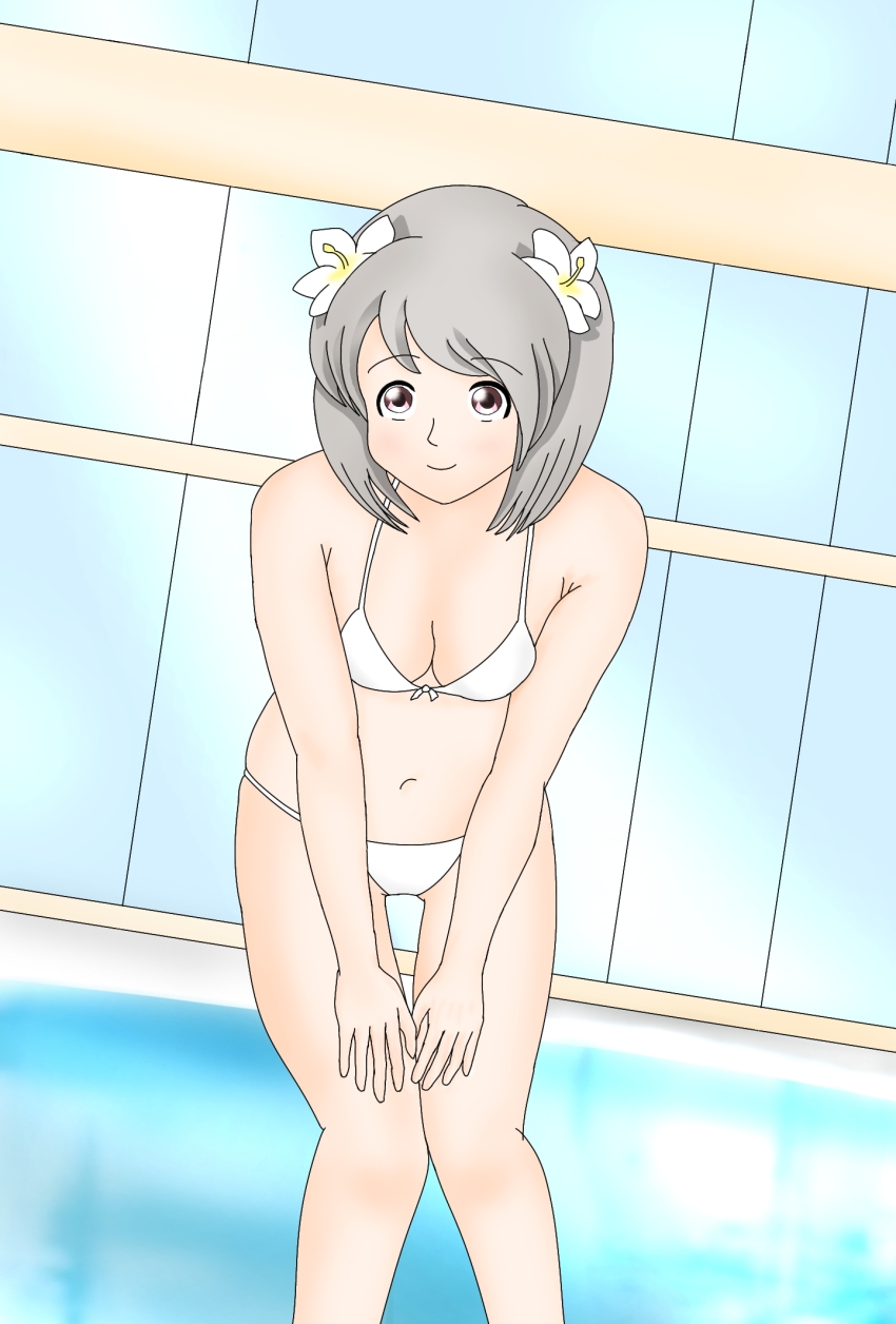 1girl, bikini, blush, breasts, brown_eyes, cleavage, flower, grey_hair