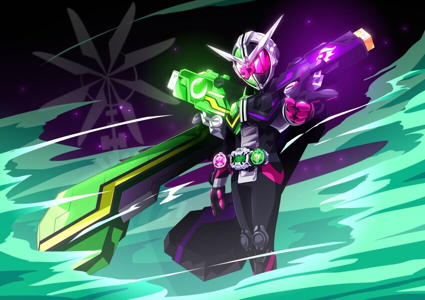 1boy, 2009, armor, black_armor, cape, clock_hands, double_rider_watch, foreshortening, fuuto_(city), gaia_memory, gloves, green_armor, highres, kamen_rider, kamen_rider:_heisei_generations_forever, kamen_rider_double, kamen_rider_w, kamen_rider_zi-o, kamen_rider_zi-o_(series), katakana, otokamu, pink_gloves, pointing, shoulder_armor, standing, wind, ziku_driver