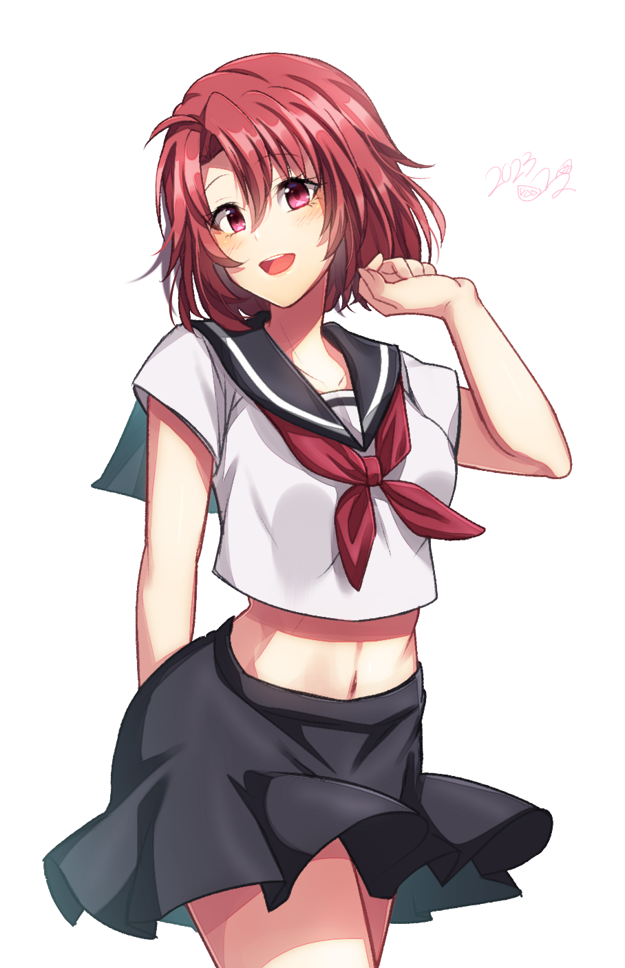 1girl, 2023, :d, alternate_costume, black_sailor_collar, black_skirt, blush, cow_girl_(goblin_slayer!)