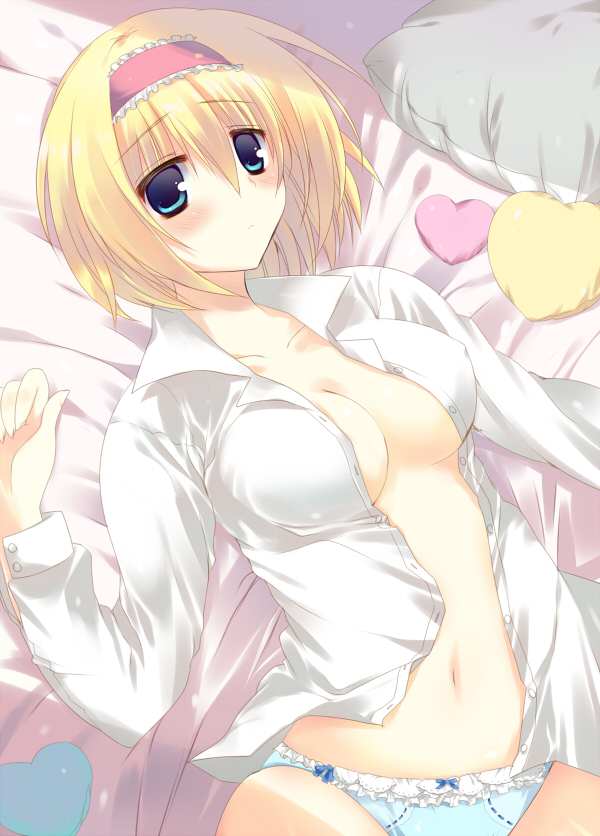 1girl, alice_margatroid, bad_id, bad_pixiv_id, bed, blonde_hair, blue_eyes, blue_panties, blush, breasts, cleavage, collarbone, female_focus, frills, hairband, heart, kinoko_(hkn), large_breasts, lying, navel, no_bra, no_pants, on_back, open_clothes, open_shirt, panties, pillow, shirt, short_hair, solo, touhou, underwear, white_shirt