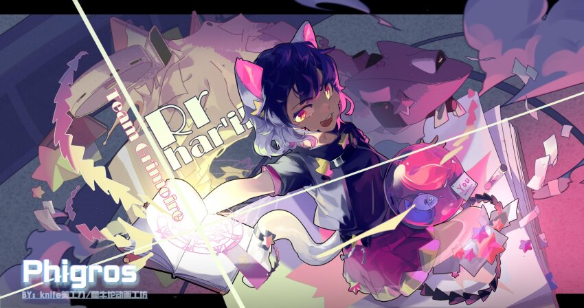 1girl, :3, animal_ears, black_bow, black_hair, black_shirt, book, bow, cat_ears, cat_girl, cat_tail, collarbone, cropped_jacket, diffraction_spikes, fish, fishbowl, highres, knifemeigong_dao, magic_circle, multicolored_eyes, official_art, paper, phigros, pleated_skirt, red_eyes, samuelle_(mill), shirt, short_hair, short_sleeves, skirt, slit_pupils, smoke, solo, star_(symbol), sticky_note, tail, tearing_up, test_tube, yellow_eyes