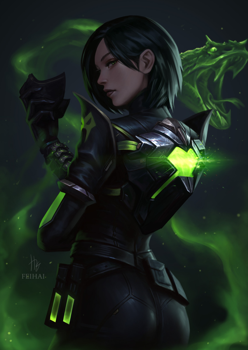 1girl, absurdres, artist_logo, artist_name, ass, black_bodysuit, black_hair, bodysuit, expressionless, fei_hai, from_behind, gas, glowing, green_eyes, hair_behind_ear, highres, holding, holding_mask, logo, looking_back, mask, realistic, short_hair, skin_tight, snake, solo, unworn_mask, valorant, viper_(valorant)
