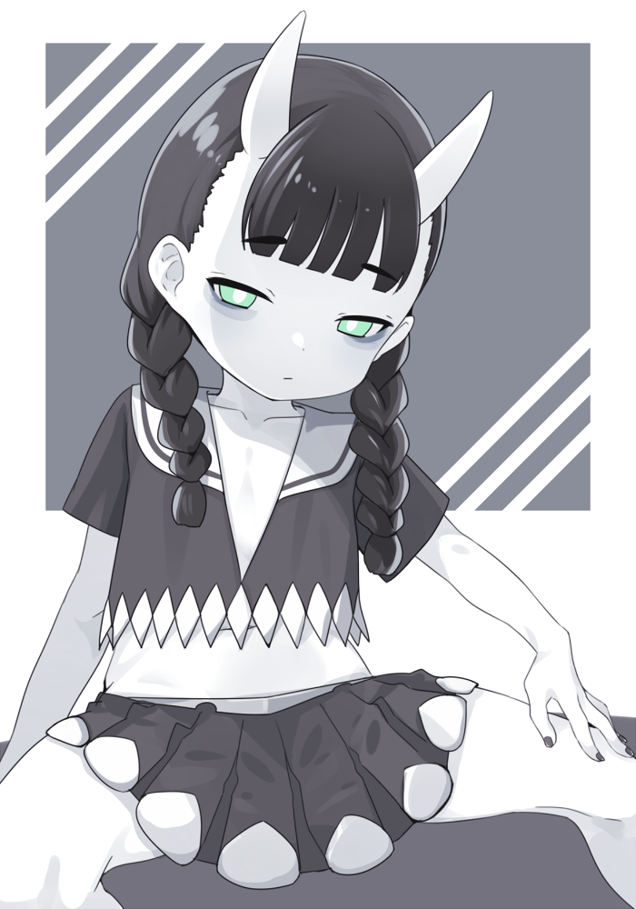 1girl, abyssal_ship, abyssal_stranded_landing_princess, black_nails, black_shirt, black_skirt, blunt_bangs, braid, closed_mouth, collarbone, commentary_request, feet_out_of_frame, flat_chest, green_eyes, horns, kantai_collection, midriff, nail_polish, nassukun, navel, oni_horns, paid_reward_available, pale_skin, shirt, short_sleeves, side_braids, sitting, skirt, solo, spread_legs, twin_braids