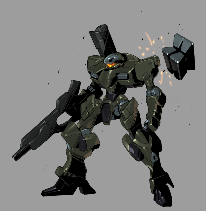 assault_visor, clenched_hand, full_body, glowing, grey_background, gun, gundam, gundam_suisei_no_majo, highres, holding, holding_gun, holding_weapon, mecha, mobile_suit, no_humans, robot, sanbonzuno, shoulder_cannon, solo, weapon, zowort_heavy