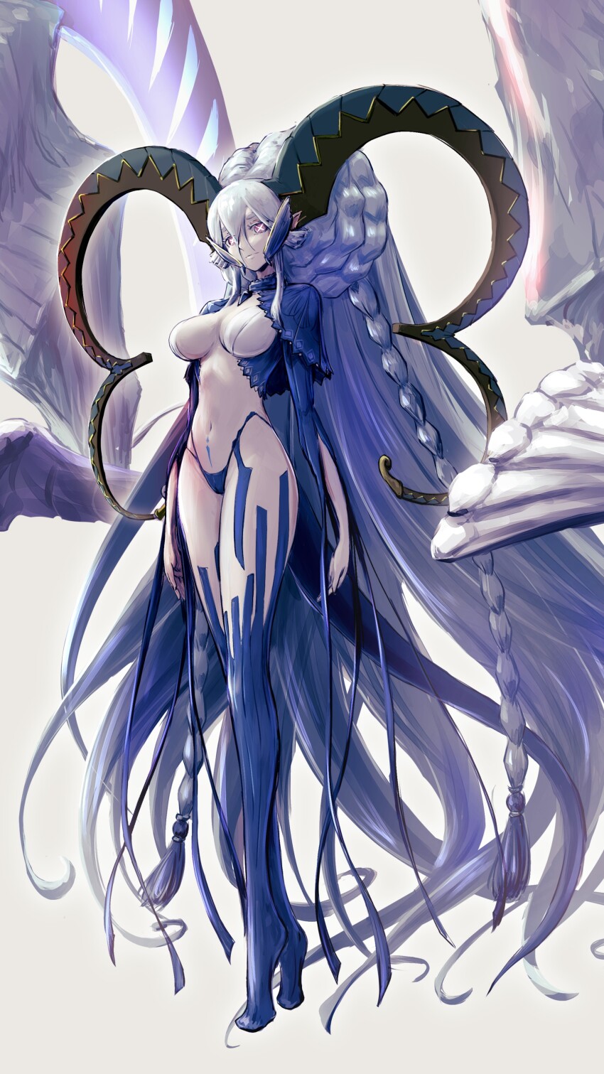 152_in_can, 1girl, absurdly_long_hair, absurdres, blue_hair, blue_panties, blue_thighhighs, breasts, closed_mouth, commentary_request, curled_horns, fate/grand_order, fate_(series), hair_between_eyes, highleg, highleg_one-piece_swimsuit, highres, horns, large_breasts, larva_tiamat_(fate), tiamat_(third_ascension)_(fate/grand_order), long_hair, looking_down, navel, one-piece_swimsuit, panties, purple_eyes, shrug_(clothing), solo, swimsuit, symbol-shaped_pupils, thighhighs, tiamat_(fate), tiamat_(third_ascension)_(fate/grand_order_arcade), tiptoes, underwear, very_long_hair, x-shaped_pupils