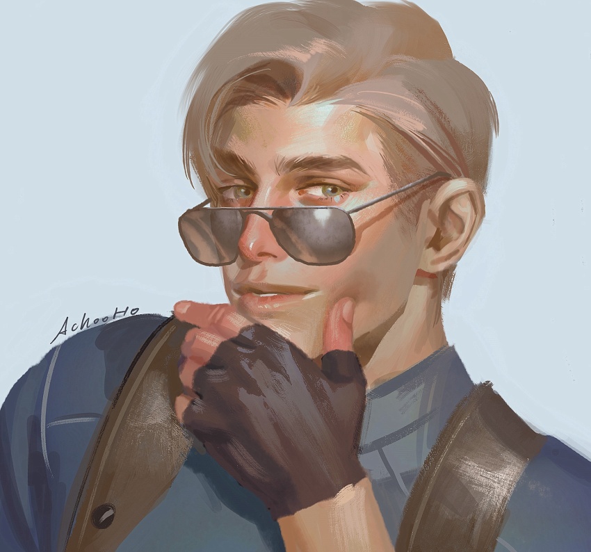 1boy, achooho, artist_name, black_gloves, black_shirt, brown_hair, fingerless_gloves, gloves