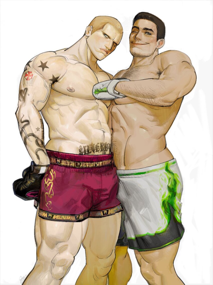 2boys, abs, arm_hair, arm_tattoo, armpit_hair, bara, black_hair, blonde_hair, bouseded, boxing_gloves, chest_hair, chris_redfield, closed_mouth, facial_hair, hairy, highres, jack_krauser, large_pectorals, male_focus, mature_male, multiple_boys, muscular, muscular_legs, muscular_male, navel, navel_hair, nipples, one_eye_closed, pectorals, red_shorts, resident_evil, resident_evil_1, resident_evil_4, resident_evil_4_(remake), short_hair, shorts, simple_background, smile, stubble, tattoo, thighs, topless_male, white_background, white_shorts, wrestling_outfit