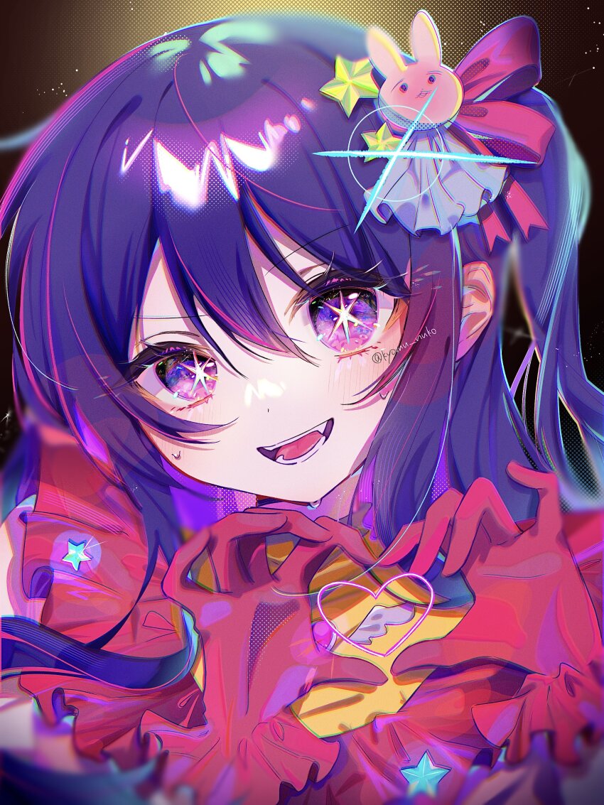 1girl, absurdres, blush, commentary_request, dress, frilled_dress, frills, gloves, hair_ornament, heart, heart_hands, highres, hoshino_ai, idol, kyomu_nuko, long_hair, open_mouth, oshi_no_ko, pink_dress, pink_gloves, purple_eyes, purple_hair, rabbit_hair_ornament, ribbon, side_ponytail, solo, sparkle, star-shaped_pupils, star_(symbol), sweat, symbol-shaped_pupils, teeth, twitter_username