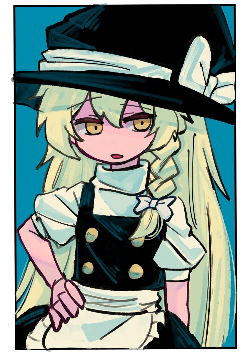 1girl, apron, black_dress, blonde_hair, blue_background, border, bow, braid