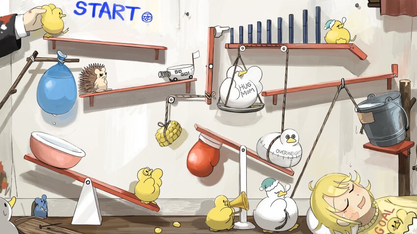 2girls, baby_animal, balloon, bird, blonde_hair, body_writing, bowl, boxing_gloves