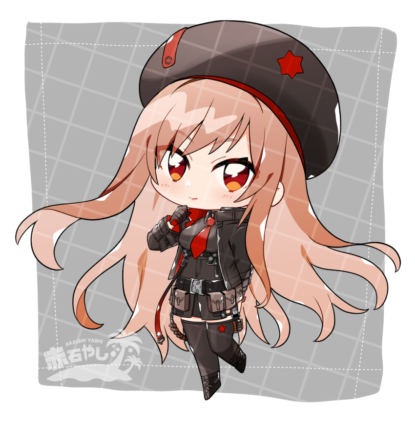 1girl, akaishi_yashi, arm_behind_back, artist_name, bandolier, belt, belt_pouch, beret