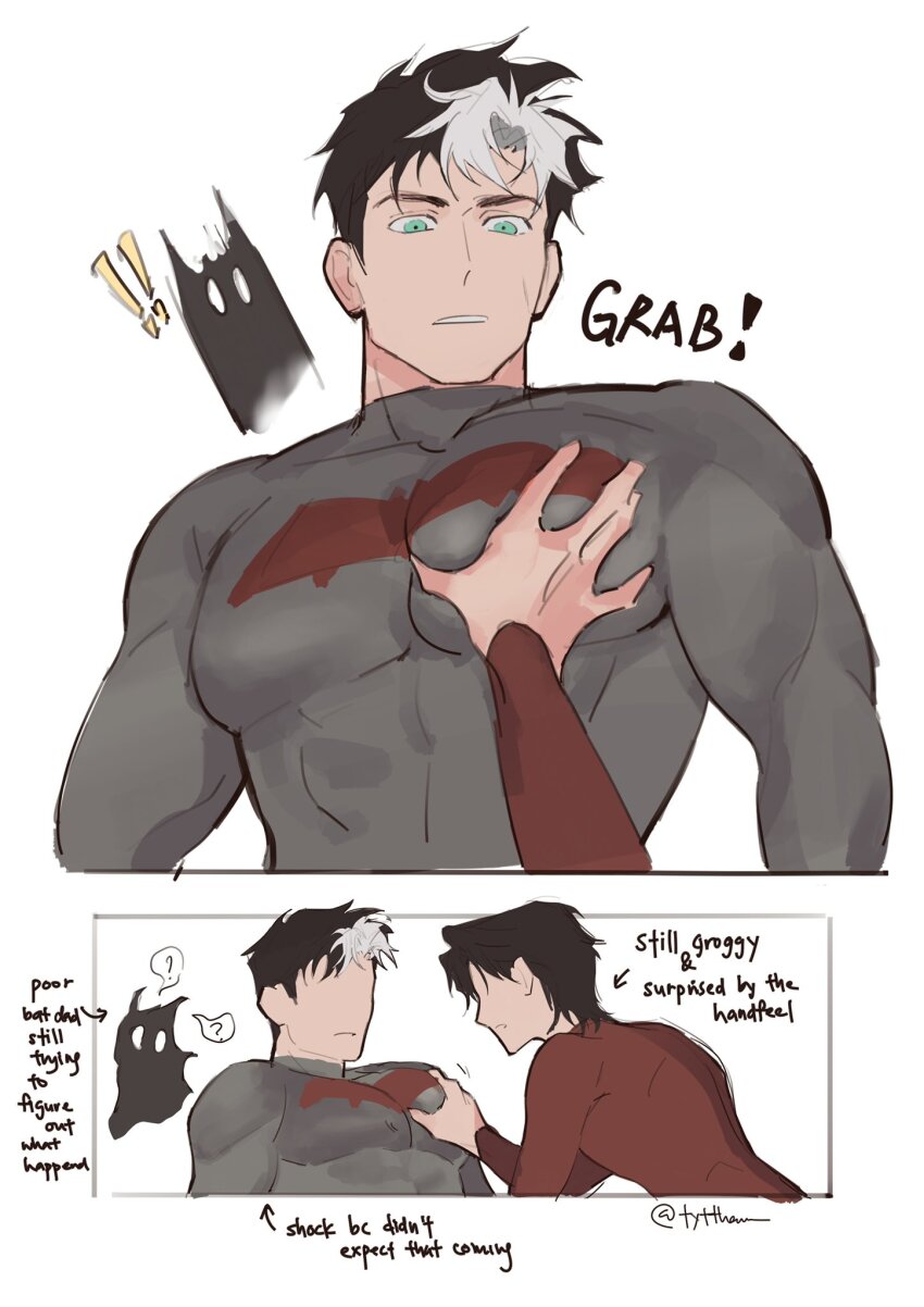 2boys, bara, batman_(series), black_hair, black_shirt, brothers, dc_comics, english_text, green_eyes, highres, jason_todd, large_pectorals, male_focus, multicolored_hair, multiple_boys, muscular, muscular_male, pectoral_grab, pectoral_grab_(sibi2028), pectorals, red_shirt, shirt, short_hair, siblings, tim_drake, twitter_username, two-tone_hair, tyt_tham, upper_body, white_hair, yaoi