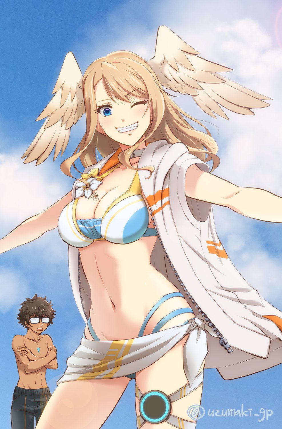 1boy, 1girl, bikini, blue_sky, borrowed_clothes, breast_tattoo, breasts, brown_hair, chest_jewel, cleavage, crossed_arms, dark-skinned_male, dark_skin, eunie_(xenoblade), glasses, head_wings, highres, large_breasts, medium_breasts, official_alternate_costume, one_eye_closed, outstretched_arms, sky, sleeveless, sleeveless_jacket, smile, swimsuit, taion_(xenoblade), tattoo, topless_male, uzumaki_(skydirt), wings, xenoblade_chronicles_(series), xenoblade_chronicles_3