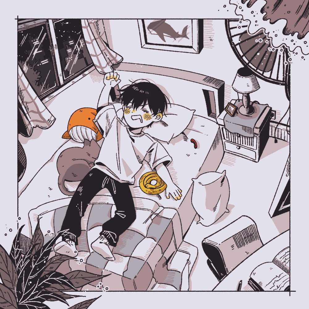 1boy, aged_down, animal, bed, bedroom, black_hair, cat, chair, child, closed_eyes, commentary_request, deepblue1059, desk, drooling, eoduun_badaui_deungbul-i_doeeo, full_body, indoors, korean_commentary, lamp, lying, male_focus, monochrome, on_back, on_bed, open_mouth, pants, park_moo-hyun, pillow, plant, shirt, short_hair, short_sleeves, sleeping, snake, socks, solo, stuffed_animal, stuffed_toy, stuffed_whale, t-shirt, water, window