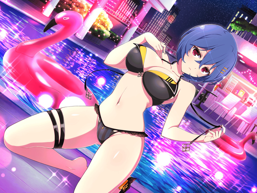 1girl, amane_(senran_kagura), bikini, black_bikini, blue_hair, blush, breasts, building