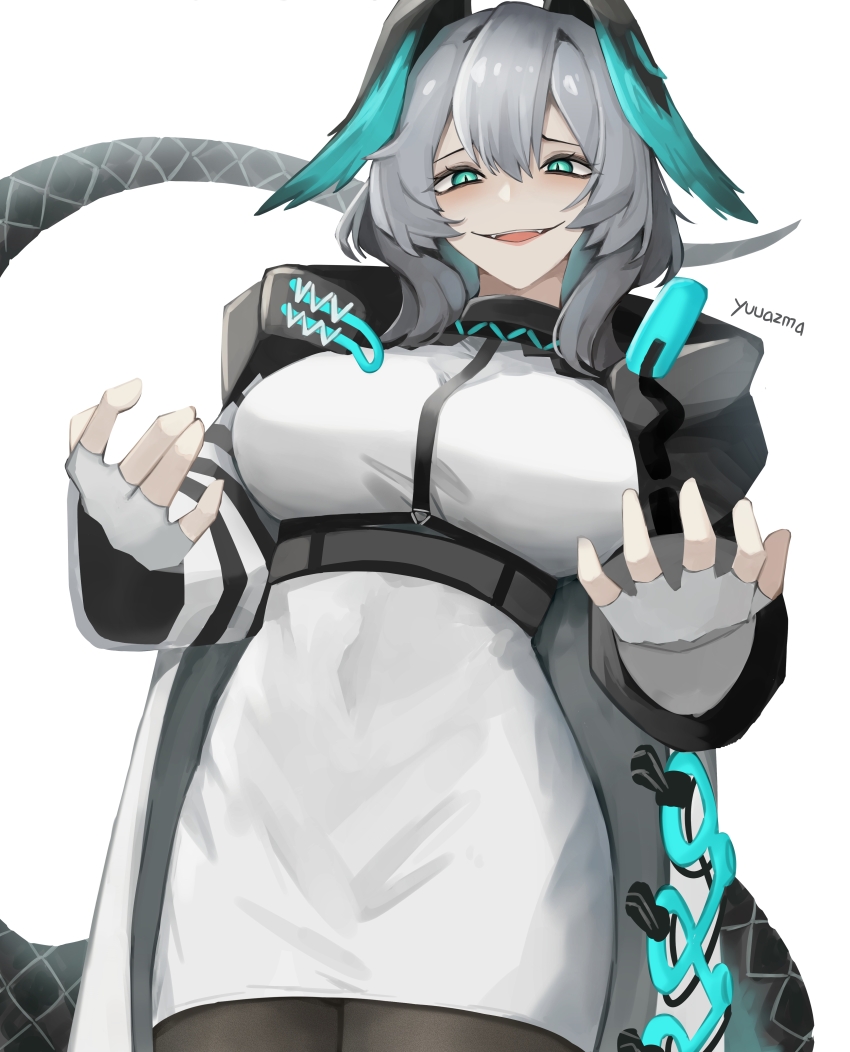 1girl, absurdres, alternate_breast_size, aqua_wings, arknights, black_pantyhose, breasts, coat