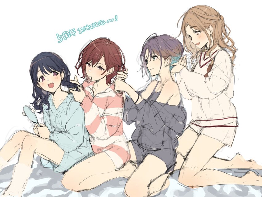 4girls, adjusting_another's_hair, anniversary, asakura_toru, bare_legs, barefoot, blush, braiding_hair, chestnut_sigure, commentary_request, fukumaru_koito, hairdressing, happy_anniversary, highres, higuchi_madoka, ichikawa_hinana, idolmaster, idolmaster_shiny_colors, kneeling, looking_at_another, mole, mole_under_eye, mouth_hold, multiple_girls, noctchill_(idolmaster), pajamas, shorts, simple_background, sitting, sketch, smile, tying_another's_hair, white_background