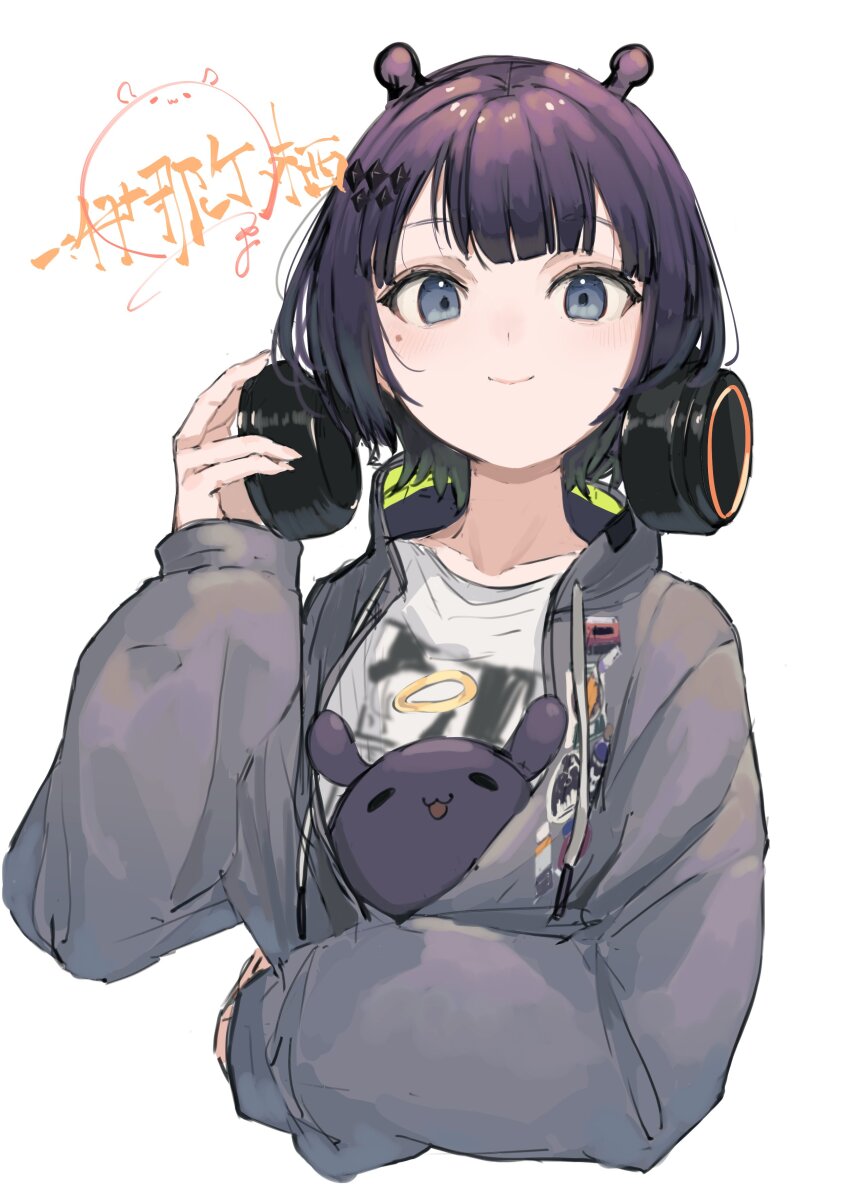 1girl, absurdres, blue_eyes, gradient_hair, grey_jacket, hair_ornament, hairclip, hand_on_headphones