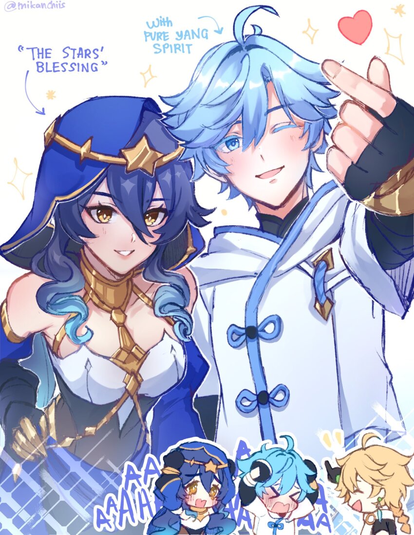 1girl, 2boys, aether_(genshin_impact), ahoge, blonde_hair, blue_eyes, blue_hair, blue_hood