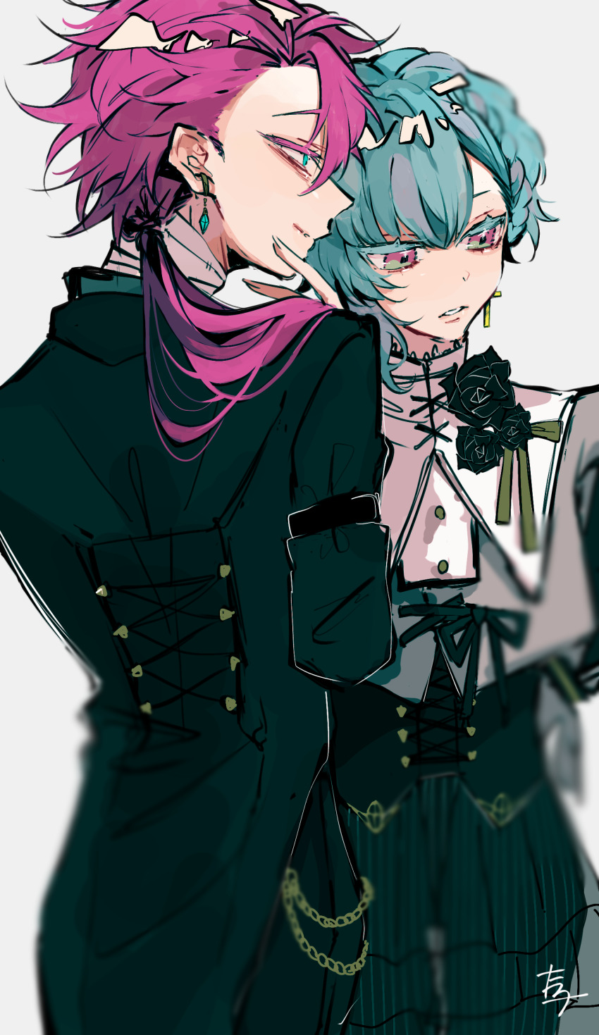 2boys, absurdres, akuma_shitsuji_to_kuroi_neko, androgynous, aqua_eyes, blue_eyes, blue_hair, facing_to_the_side, flure_garcia, green_jacket, highres, jacket, lato_bacca, light_blue_hair, long_hair, long_sleeves, low_ponytail, male_focus, multicolored_eyes, multiple_boys, pink_hair, ponytail, purple_eyes, short_hair, taro_aknka
