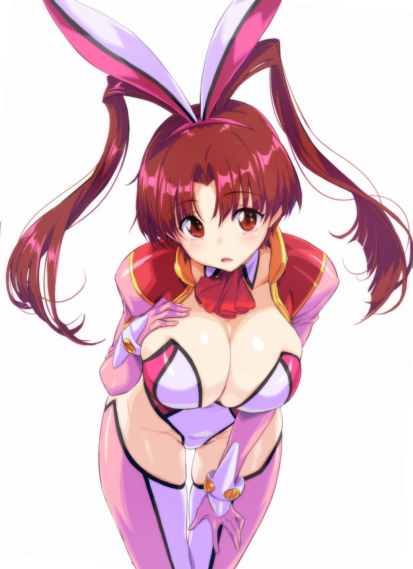 1girl, absurdres, adapted_costume, animal_ears, antenna_hair, aoi_anna, aoi_anna_(cosplay), ascot, bent_over, breasts, brown_eyes, brown_hair, cleavage, commentary_request, cosplay, detached_collar, detached_sleeves, fake_animal_ears, gluteal_fold, hand_on_own_chest, hands_up, highleg, highleg_leotard, highres, kiyama_satoshi, large_breasts, leotard, long_hair, looking_at_viewer, multicolored_leotard, parted_lips, pilot_suit, pink_leotard, pink_sleeves, pink_thighhighs, playboy_bunny, rabbit_ears, red_ascot, shinkon_gattai_godannar!!, simple_background, smile, solo, standing, thighhighs, two-tone_leotard, upper_body, utsugi_mikoto, white_background, white_leotard, yuusha_ou_gaogaigar, yuusha_series