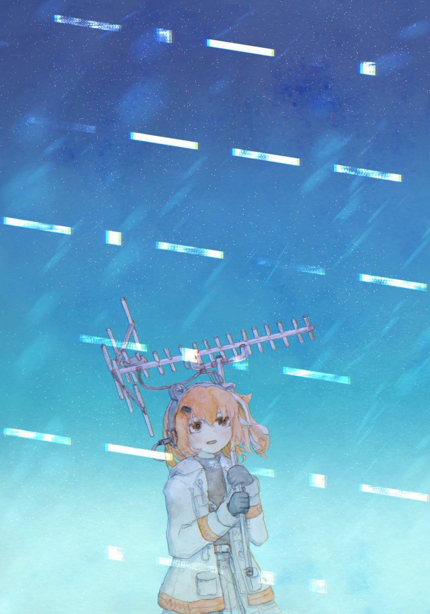 1girl, a.i._voice, absurdres, adachi_rei, belt, black_gloves, black_shirt, blue_sky, blush, bone_71, cable, chromatic_aberration, commentary_request, cowboy_shot, gloves, gradient_sky, grey_skirt, hair_ornament, hair_ribbon, hairclip, hands_up, headlamp, headset, highres, holding, holding_antenna, hood, hood_down, hooded_jacket, jacket, looking_up, medium_hair, one_side_up, open_clothes, open_jacket, open_mouth, orange_belt, orange_eyes, orange_hair, radio_antenna, ribbon, shirt, skirt, sky, smile, solo, star_(sky), starry_sky, two-handed, utau, white_jacket, white_ribbon