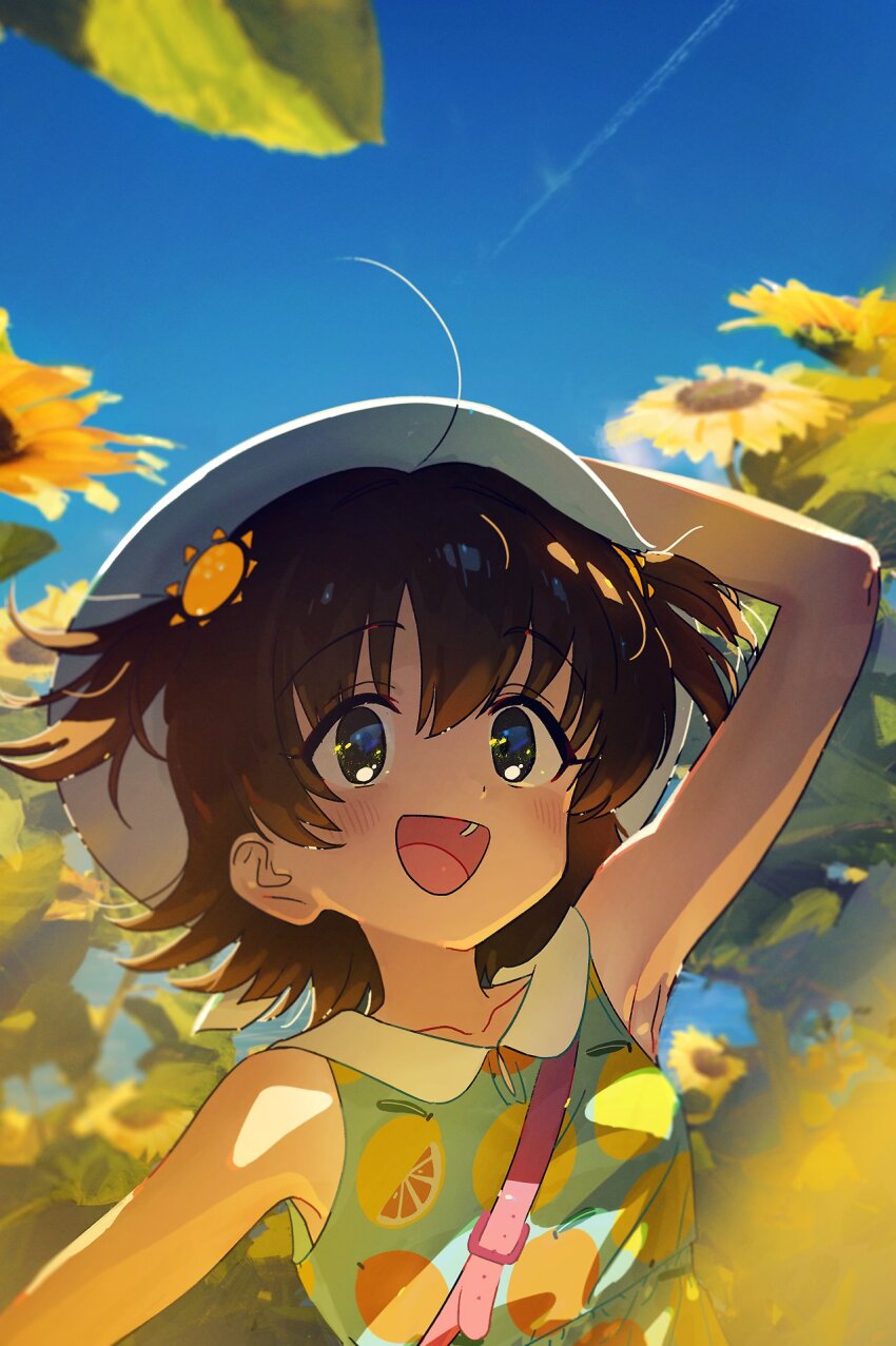 1girl, akagi_miria, alphabet_(alphabetnoon), black_hair, blue_sky, blush, brown_eyes, day