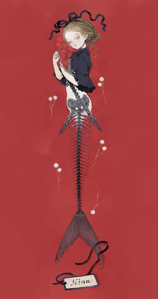 1girl, black_ribbon, black_shirt, blonde_hair, bouquet, character_name, closed_mouth, fish_skeleton
