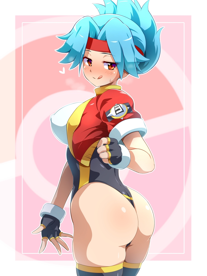 1girl, absurdres, ass, blue_hair, blush, breasts, fingerless_gloves, gloves, heart, highres, huge_ass, jacket, konpeto, large_breasts, legs, leotard, looking_back, naughty_face, nintendo, orange_eyes, pokemon, pokemon_ranger_(series), pokemon_ranger_(game), seductive_smile, sideboob, smile, solana_(pokemon), solo, thick_thighs, thighs, thong_leotard, tongue, tongue_out