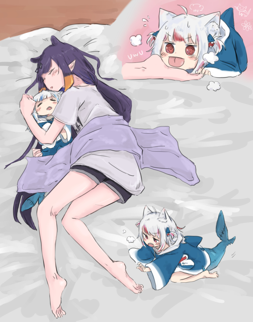 3girls, @_@, ahoge, animal_ear_fluff, animal_ears, aoi_(aoisaka), bare_arms, bare_legs, barefoot, bed_sheet, black_shorts, blue_hair, blunt_bangs, cat_ears, closed_eyes, commentary, dual_persona, english_commentary, feet, fins, fish_tail, foot_focus, foot_worship, full_body, gawr_gura, gawr_gura_(1st_costume), grey_shirt, highres, hololive, hololive_english, kneepits, legs, licking, licking_foot, long_hair, long_sleeves, lying, mini_person, minigirl, multicolored_hair, multiple_girls, ninomae_ina'nis, ninomae_ina'nis_(loungewear), on_side, open_mouth, pointy_ears, purple_hair, red_hair, reflect_(gawr_gura), shark_tail, sharp_teeth, shirt, short_shorts, shorts, sketch, sleeping, streaked_hair, t-shirt, tail, teeth, tentacle_hair, tongue, tongue_out, two-tone_hair, two_side_up, virtual_youtuber, white_hair, wide_sleeves