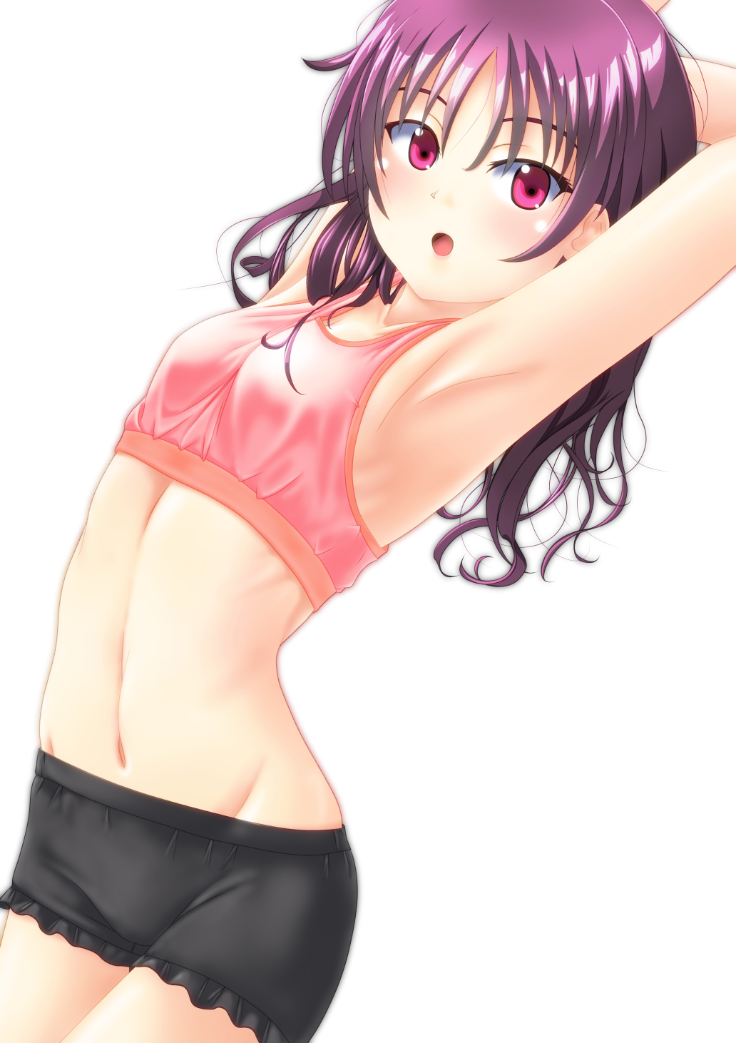 1girl, :o, alternate_hairstyle, armpits, arms_behind_head, arms_up, black_panties, boyshort_panties