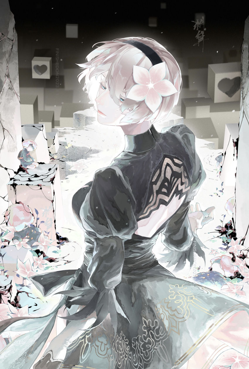 1girl, back_cutout, black_dress, black_hairband, block_(object), blue_eyes, breasts, clothing_cutout, dress, enmokuritsu-d, feather-trimmed_sleeves, feather_trim, flower, hair_flower, hair_ornament, hairband, heart_cutout, highres, juliet_sleeves, large_breasts, long_sleeves, mole, mole_under_mouth, nier, nier:automata, nier_(series), no_blindfold, puffy_sleeves, short_hair, white_hair, 2b_(nier:automata)