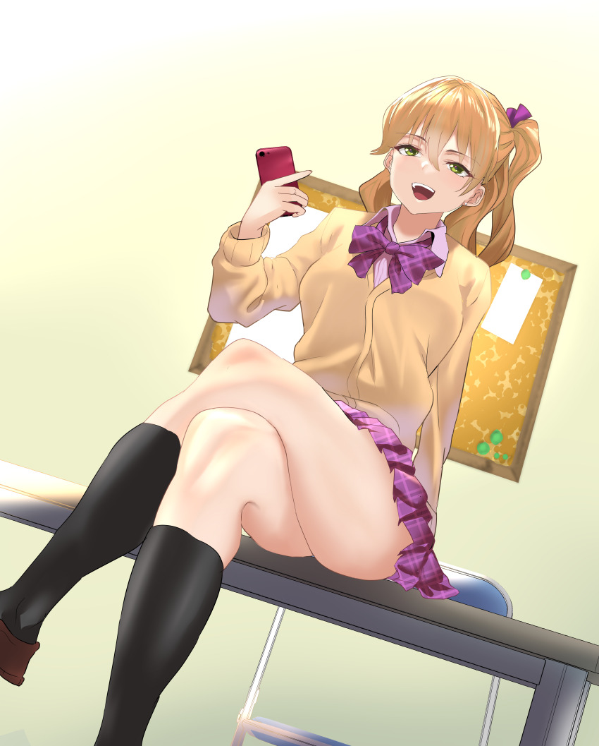 1girl, absurdres, arm_support, black_socks, bow, bowtie, brown_cardigan, cardigan