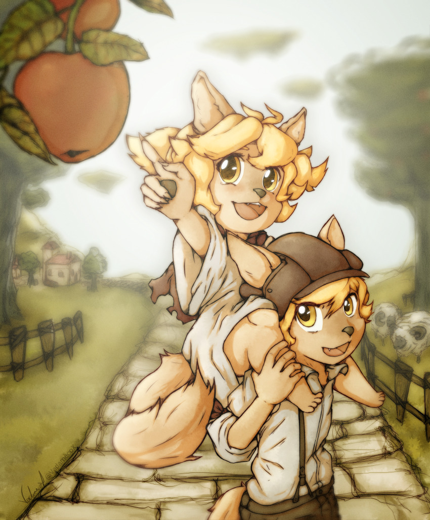 absurdres, animal, apple, blonde_hair, blurry, blurry_background, carrying, child