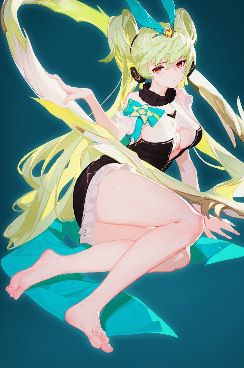 1girl, absurdly_long_hair, absurdres, ai-chan_(honkai_impact), ai_hyperion_lambda, ai_hyperion_lambda_(chrono_navi), ai_hyperion_lambda_(leisurely_melody), barefoot, black_dress, blue_bow, blue_theme, bow, breasts, chakram, cleavage, cleavage_cutout, closed_mouth, clothing_cutout, commentary, dress, feet, full_body, grandia_lee, green_eyes, hair_ornament, highres, holding, holding_weapon, honkai_(series), honkai_impact_3rd, knees_together_feet_apart, large_breasts, legs, long_hair, looking_at_viewer, no_shoes, orange_eyes, sitting, soles, solo, untranslatable_commentary, toes, twintails, very_long_hair, weapon