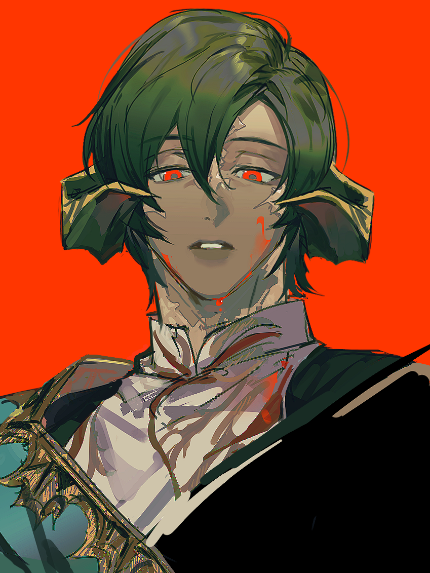 1boy, au_ra, blood, blood_on_face, chinese_commentary, collared_shirt, commentary_request, curled_horns, dragon_horns, expressionless, final_fantasy, final_fantasy_xiv, forward-facing_horns, green_hair, half-closed_eyes, horns, looking_down, male_focus, naoneizengzhi, parted_lips, portrait, red_background, red_eyes, shirt, short_hair, simple_background, sketch, solo, straight-on, swept_bangs, varshahn, white_shirt