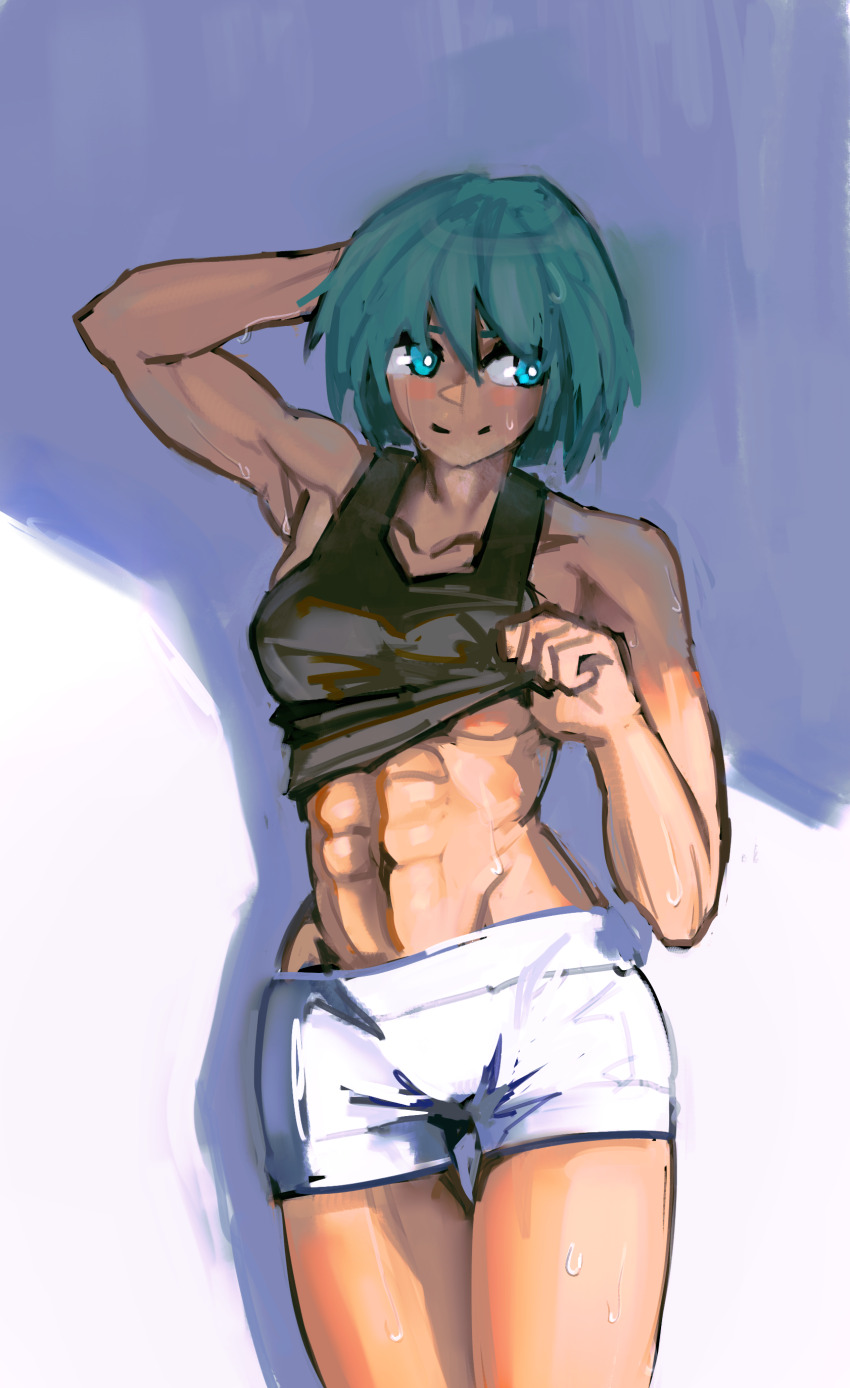 1girl, abs, absurdres, blue_eyes, blue_hair, bob_cut, breasts, danboii, highres, looking_to_the_side, medium_breasts, muscular, muscular_female, sei_asagiri, shadow, shorts, solo, sweat, tank_top, toned, underboob, va-11_hall-a