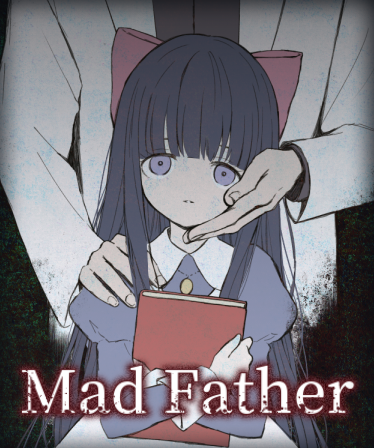 1boy, 1girl, alfred_drevis, aya_drevis, black_hair, blue_dress, blue_eyes, blunt_bangs, book, bow, coat, commentary_request, copyright_name, dress, father_and_child, father_and_daughter, flat_color, hair_bow, hand_on_another's_cheek, hand_on_another's_face, hand_on_another's_shoulder, holding, holding_book, juliet_sleeves, lab_coat, large_bow, long_hair, long_sleeves, lowres, mad_father, official_art, open_clothes, open_coat, parent_and_child, puffy_sleeves, seeen, straight-on, white_coat
