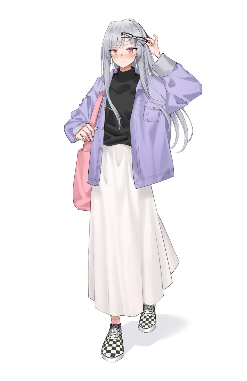 absurdres, ak-12_(girls'_frontline), arm_up, bag, black-framed_eyewear, black_shirt, blush, checkered_footwear