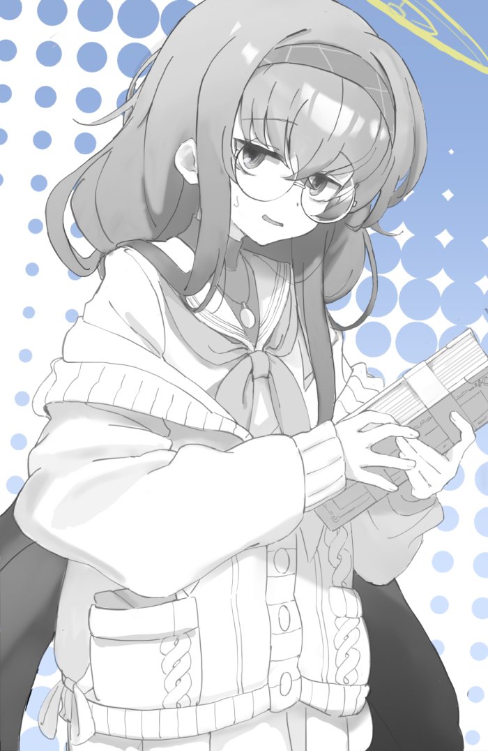 1girl, bags_under_eyes, blue_archive, book, cardigan, cowboy_shot, glasses, hairband