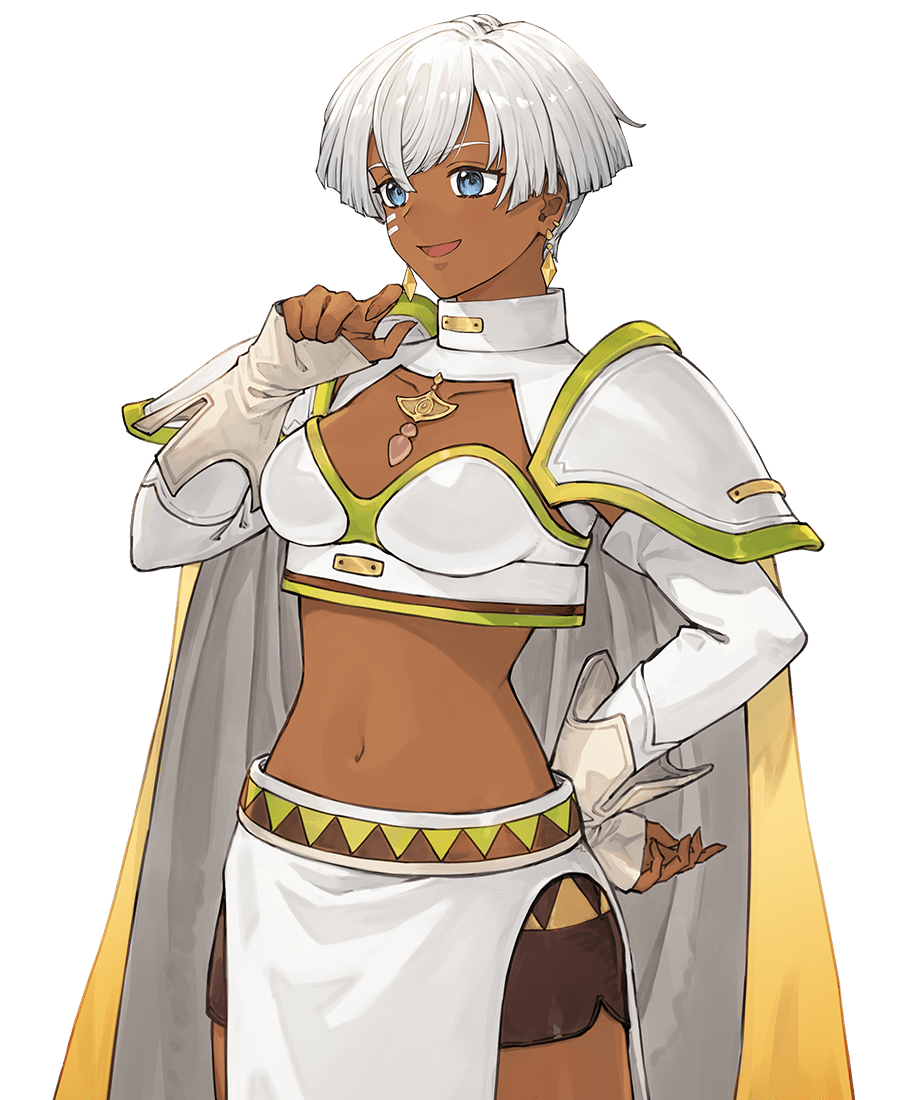 1girl, armor, artist_request, atelier_(series), atelier_marie, blue_eyes, breastplate, breasts, brown_shorts, cape, dark-skinned_female, dark_skin, earrings, elbow_gloves, gloves, hand_on_own_hip, jewelry, loincloth, medium_breasts, mu_seqstanse, navel, official_art, open_mouth, short_hair, shorts, shoulder_pads, simple_background, smile, solo, standing, tecmo, white_cape, white_gloves, white_hair