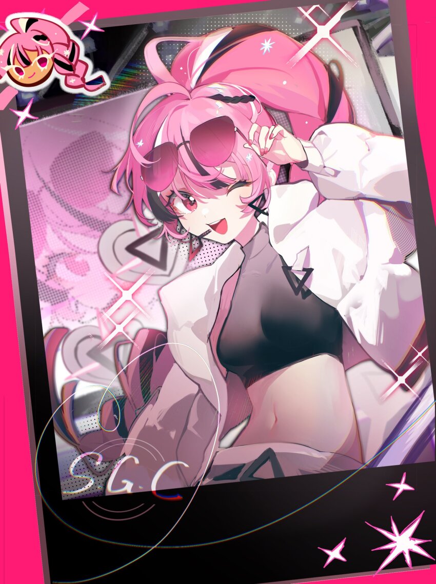 1girl, arin_(fanfan013), black_hair, cookie_run, cookie_run:_ovenbreak, glasses, high_ponytail, highres, image_sample, jacket, looking_at_viewer, multicolored_hair, navel, personification, photo_(object), pink_eyes, pink_hair, ponytail, shining_glitter_cookie, shining_glitter_cookie_(superstar_airport_attire), solo, tank_top, twitter_sample, upper_body, white_hair, white_jacket