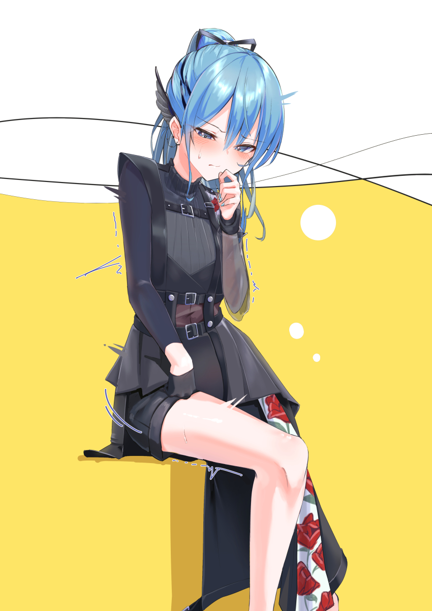 1girl, absurdres, asymmetrical_sleeves, belt, black_dress, black_gloves, black_hair, black_ribbon, black_shorts, blue_eyes, blue_hair, blue_nails, closed_mouth, dress, e-wing_(ewingillustrate), earrings, female_focus, flat_chest, floral_print, gloves, hair_between_eyes, hair_ornament, hair_ribbon, half-closed_eyes, half_gloves, hand_up, have_to_pee, highres, hololive, hoshimachi_suisei, hoshimachi_suisei_(shout_in_crisis), invisible_chair, jewelry, legs, long_hair, looking_down, matching_hair/eyes, multicolored_hair, ponytail, ribbon, rose_print, shiny_skin, short_shorts, shorts, shorts_under_dress, sidelocks, single_glove, sitting, solo, split_mouth, star_(symbol), star_in_eye, streaked_hair, sweat, symbol_in_eye, thighs, trembling, two-tone_background, two-tone_hair, uneven_eyes, urine_meter, virtual_youtuber, wing_hair_ornament, yellow_background