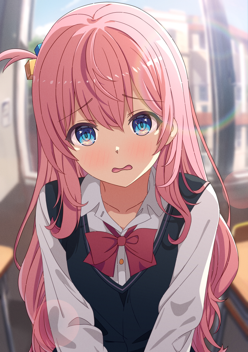 1girl, absurdres, backlighting, black_sweater_vest, blue_eyes, blurry, blurry_background, blush