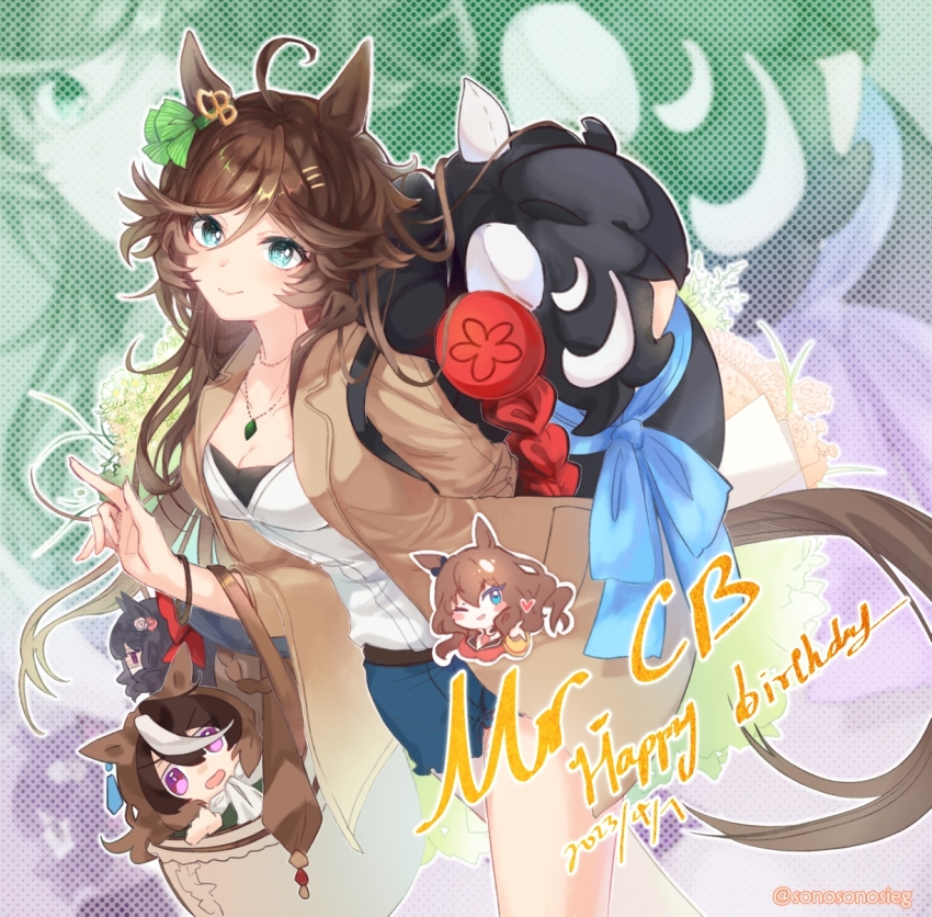 2girls, ahoge, animal_ears, blue_shorts, breasts, brown_hair, brown_jacket, character_name, cleavage, daiichi_ruby_(umamusume), dated, doll, hair_ornament, hairclip, happy_birthday, highres, horse_ears, horse_girl, horse_tail, index_finger_raised, jacket, jewelry, katsuragi_ace_(umamusume), long_hair, long_sleeves, looking_at_viewer, maruzensky_(umamusume), medium_breasts, mr._c.b._(casual)_(umamusume), mr._c.b._(umamusume), multiple_girls, necklace, shirt, shorts, smile, sonori, symboli_rudolf_(umamusume), tail, twitter_username, umamusume, white_shirt