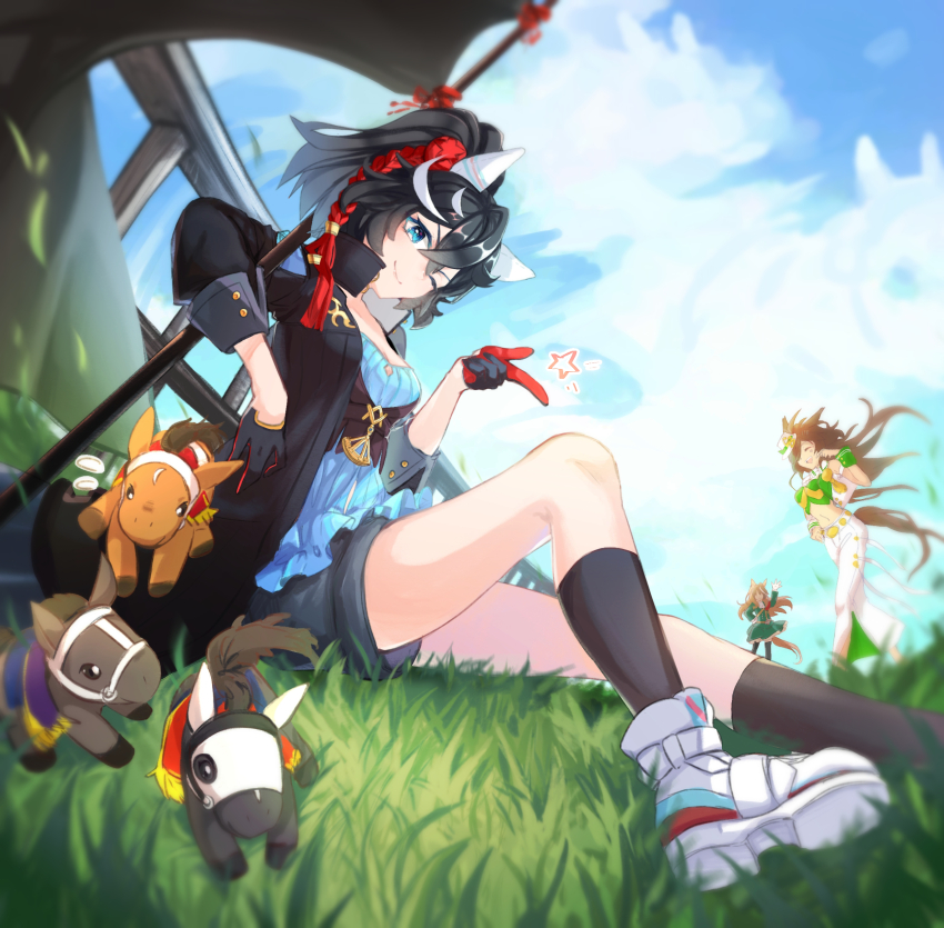 3girls, 3others, ;), absurdres, ahoge, animal_ears, artist_name, black_gloves