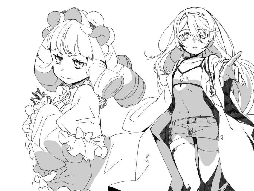 2girls, alice_(housamo), belt, blunt_bangs, bow, bowtie, choker, commentary_request