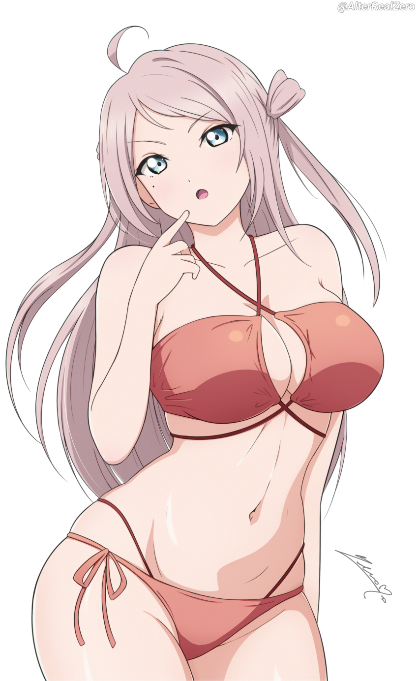 1girl, :o, absurdres, ahoge, alter_real_zero, arm_at_side, artist_name, bare_arms