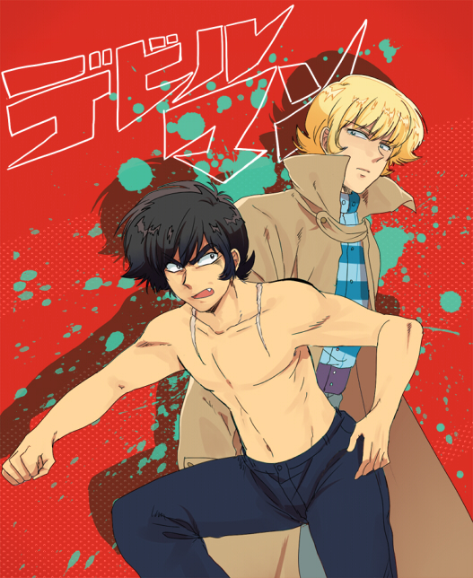 2boys, asuka_ryou, black_hair, black_pants, blonde_hair, clenched_hand, coat, devilman