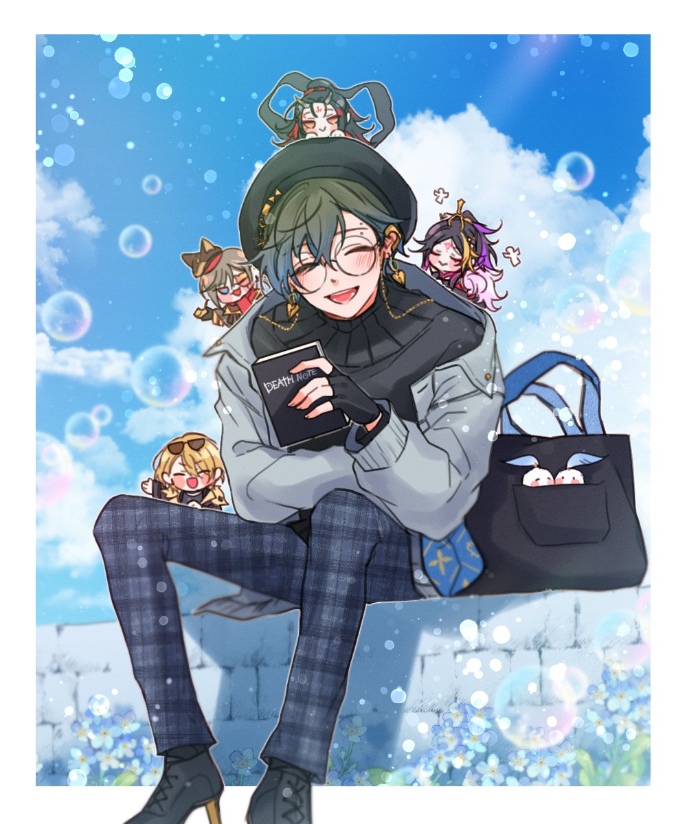 5boys, bag, black_footwear, black_shirt, blue_hair, blue_sky, blush, book, border, brick_wall, bubble, buchohansom, chibi, closed_eyes, cloud, death_note, death_note_(object), earrings, eyebrow_piercing, eyewear_strap, face_piercing, flower, green_hair, grey_jacket, hair_between_eyes, high_heels, highres, holding, holding_book, ike_eveland, ike_eveland_(2nd_costume), jacket, jewelry, long_sleeves, looking_at_viewer, luca_kaneshiro, luca_kaneshiro_(2nd_costume), luxiem, male_focus, multiple_boys, mysta_rias, mysta_rias_(2nd_costume), nijisanji, nijisanji_en, official_alternate_costume, open_mouth, outdoors, outside_border, pants, piercing, plaid_clothes, plaid_pants, quilldren_(ike_eveland), shirt, shu_yamino, shu_yamino_(2nd_costume), sitting, sky, smile, turtleneck, virtual_youtuber, vox_akuma, vox_akuma_(2nd_costume), white_border